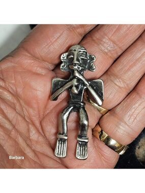 Vintage Silver-tone Mayan/Aztec Figure Playing Flute Brooch